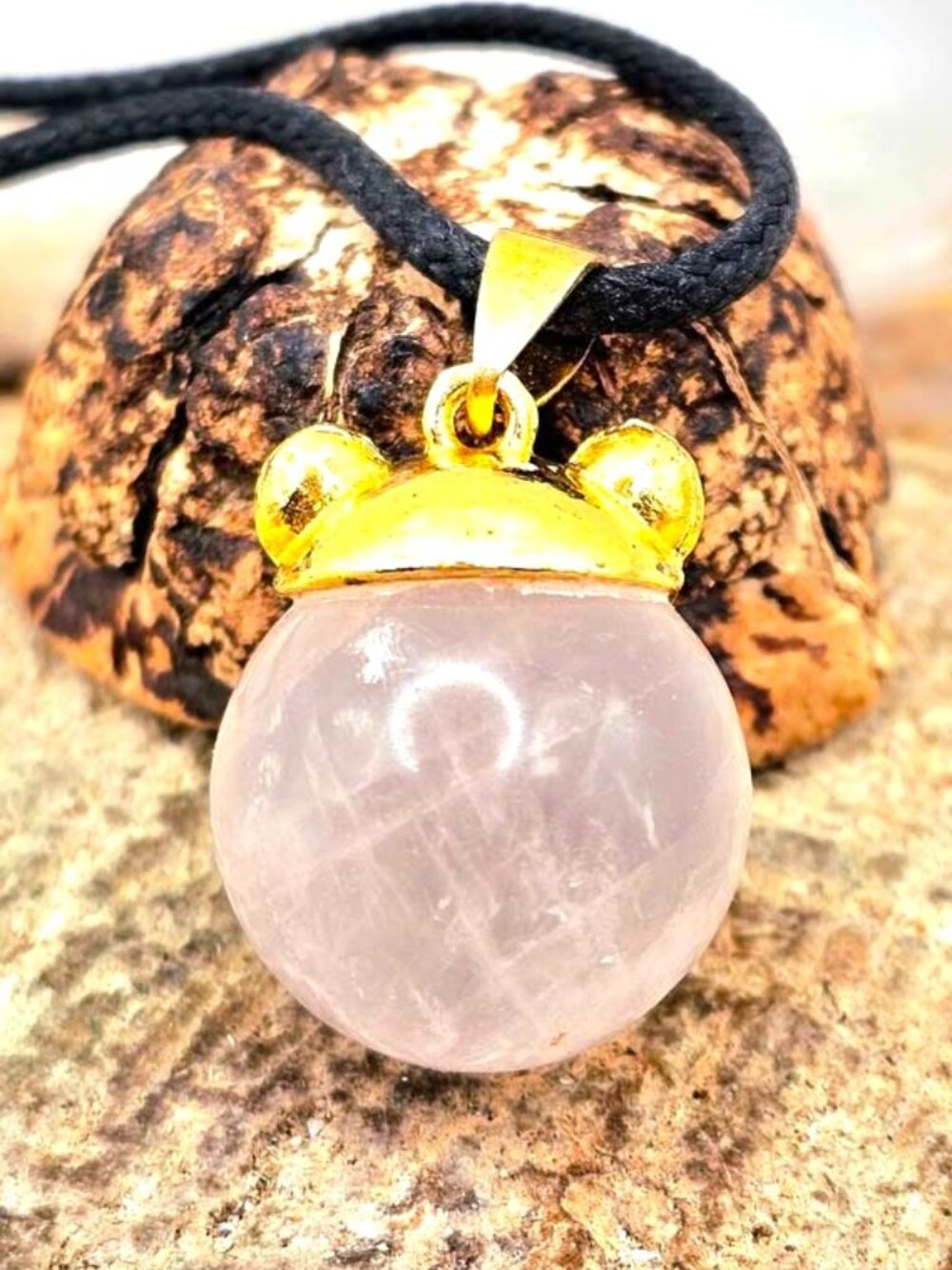 Nature Rose Quartz Sphere Bear Ear Pendant Necklace